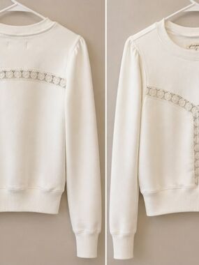 Free People Cream Lace-Trim Pullover Sweatshirt